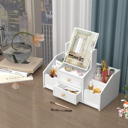 Organizator Cosmetice cu Oglinda - 4 Compartimente, 2 Sertare, Suport Make-up Multifunctional