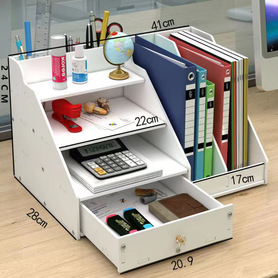 Organizator Birou cu Sertar si Rafturi - Raft Depozitare Multifunctional pentru Documente si Accesorii 41x24x28cm