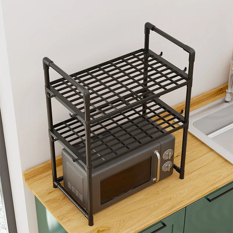 Suport organizator pentru microunde cu 2 rafturi - Raft multifunctional bucatarie cu agatatoare
