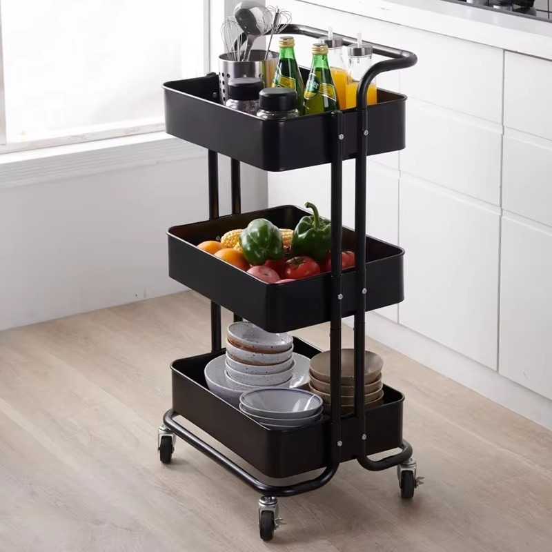 Raft mobil cu roti 3 polite depozitare multifunctionala metal negru