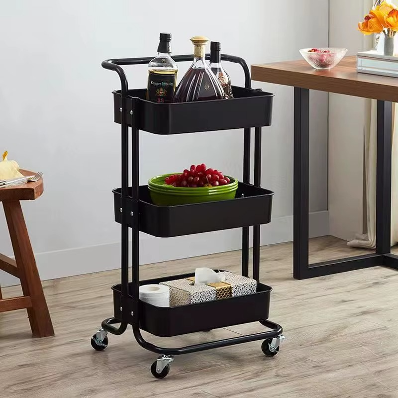 Raft mobil cu roti 3 polite depozitare multifunctionala metal negru