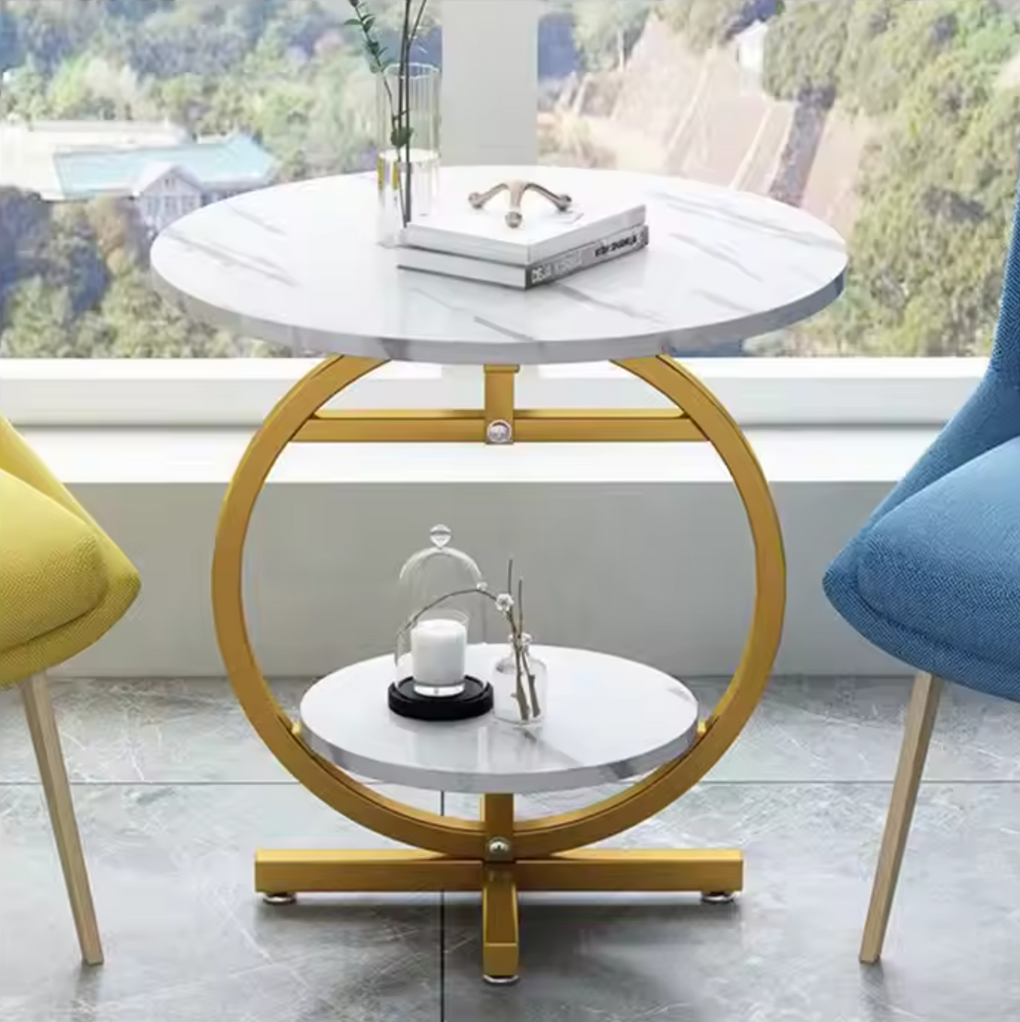 Masa cafea rotunda cu 2 nivele - Design modern tip marmura eleganta