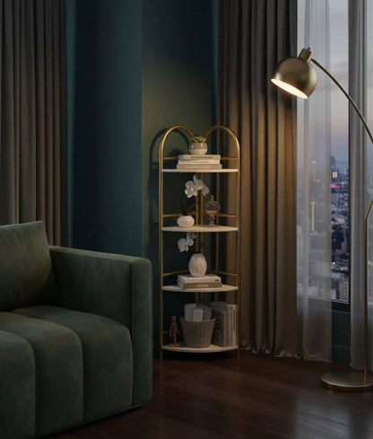 Raft decorativ de colt cu 4 rafturi - Design auriu cu efect marmura premium