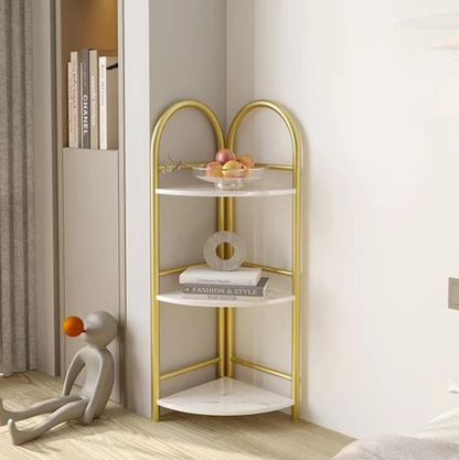Raft decorativ de colt cu 3 nivele - Design auriu cu efect marmura pentru living si birou