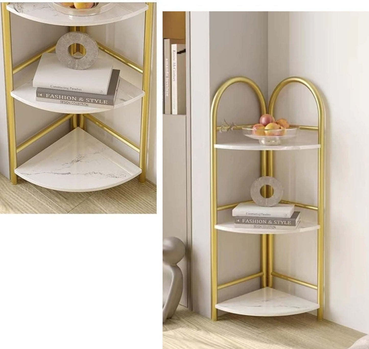 Raft decorativ de colt cu 3 nivele - Design auriu cu efect marmura pentru living si birou