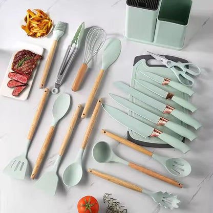 Set 19 Ustensile Bucatarie Silicon cu Suport - Manere Lemn, Rezistente 230°C