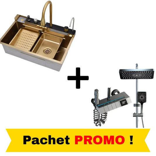 Pachet Promo Lux Bucătărie + Baie – Chiuvetă Premium Inox & Set Duș Smart cu LED