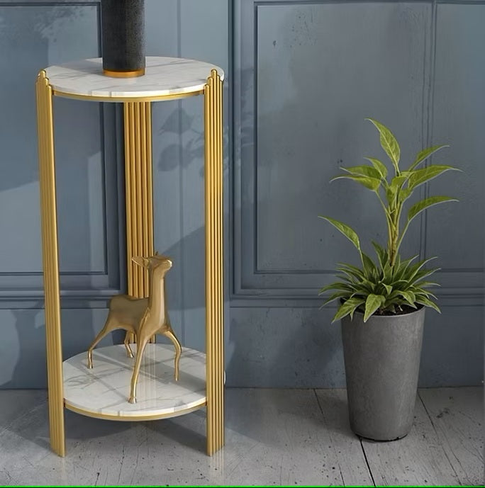 Masa Cafea Rotunda 2 Nivele - Design Modern cu Blat Marmorat si Cadru Metalic Auriu