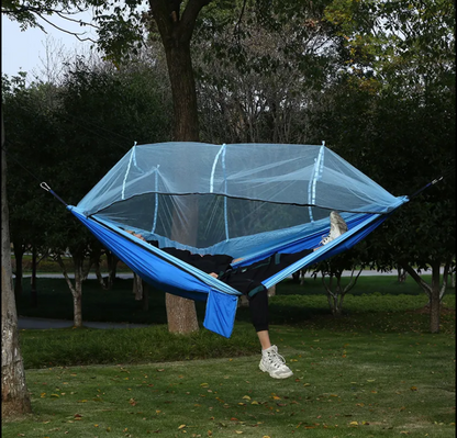 Hamac Dublu cu Plasa Tantari 150x200cm - Material Parasuta Rezistent, Buzunar Accesorii si Geanta Transport Inclusa, Bleu