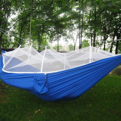 Hamac Dublu cu Plasa Tantari 150x200cm - Material Parasuta Rezistent, Buzunar Accesorii si Geanta Transport Inclusa, Bleu