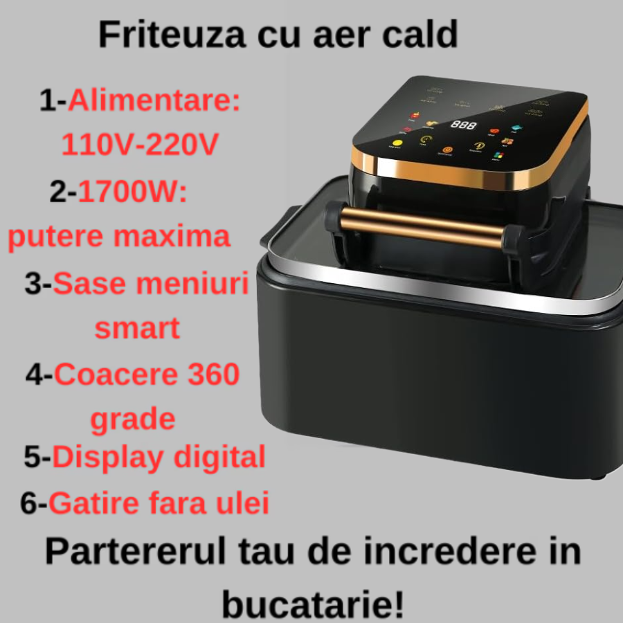 Friteuza Digitala cu Aer Cald 12L 1700W - Touch Control, 11 Programe, Display LED, Gatire Fara Ulei