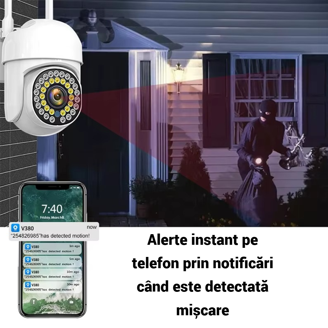 Camera Supraveghere Exterior WiFi Smart - Vedere Nocturna Color, Detectare Miscare + Card 32GB