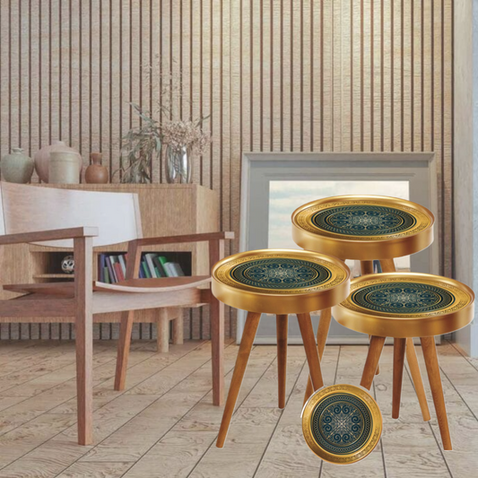 Set 3 Masute Cafea Design Mandala Auriu Verde - Picioare Lemn Marimi Diferite