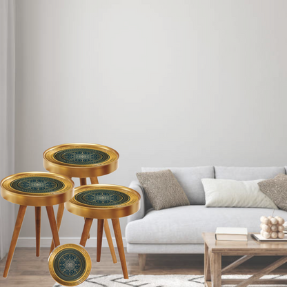 Set 3 Masute Cafea Design Mandala Auriu Verde - Picioare Lemn Marimi Diferite