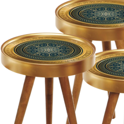 Set 3 Masute Cafea Design Mandala Auriu Verde - Picioare Lemn Marimi Diferite