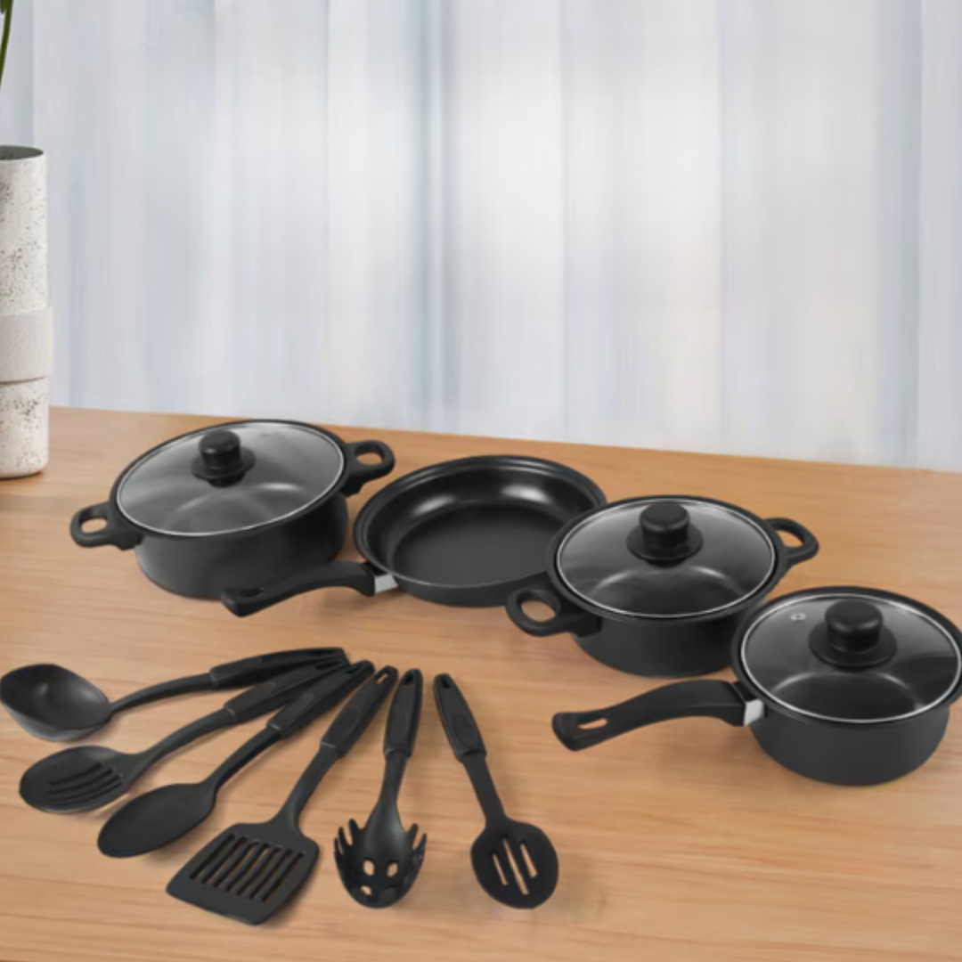 Set 13 Piese Vase Gatit Antiaderente Non-Stick - Oale, Tigai, Capace Sticla si Ustensile