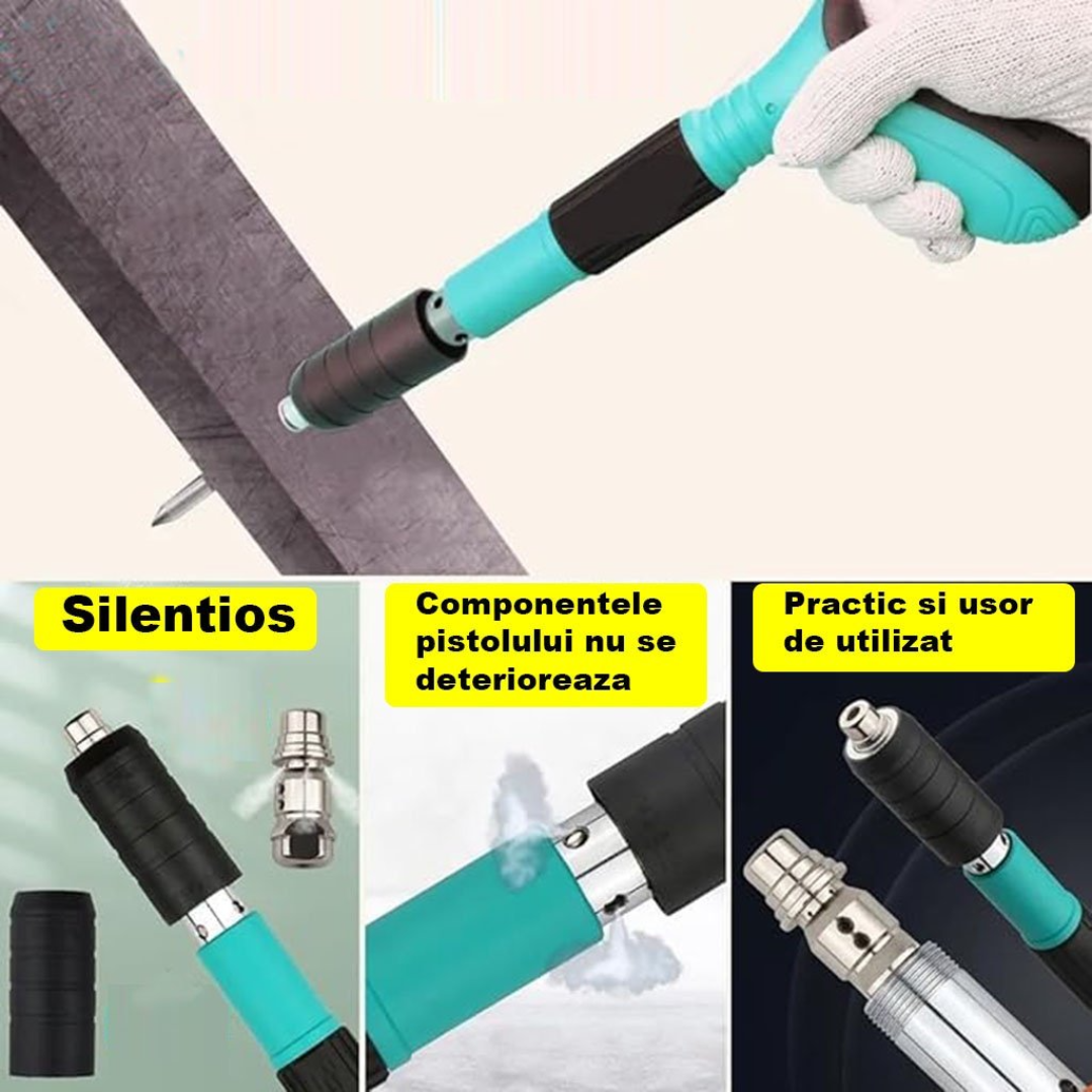 Pistol Pneumatic Fixare Cuie Profesional - Kit Complet cu 50 Nituri si Accesorii - Calibru 7.3cm
