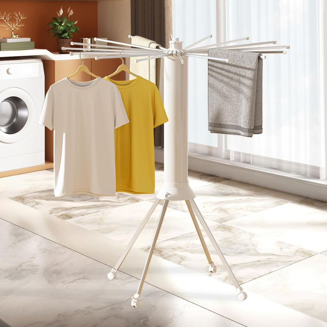 Uscator Rufe Portabil cu Roti - 16 Brate Rotativ 360°, Pliabil, Capacitate 40kg