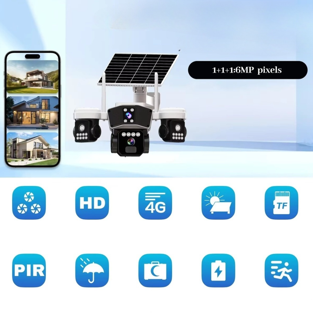 Camera Supraveghere Solara 4G cu 3 Lentile, Rotire Automata, Urmarire Inteligenta, Night Vision Color,  Control Telefon V380 Pro