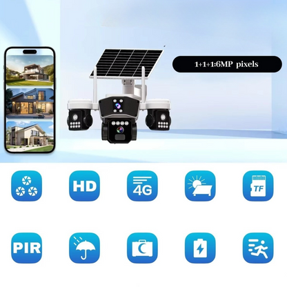Camera Supraveghere Solara 4G cu 3 Lentile, Rotire Automata, Urmarire Inteligenta, Night Vision Color,  Control Telefon V380 Pro