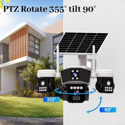 Camera Supraveghere Solara WIFI cu 3 Lentile, Rotire Automata, Urmarire Inteligenta, Night Vision Color,  Control Telefon V380 Pro