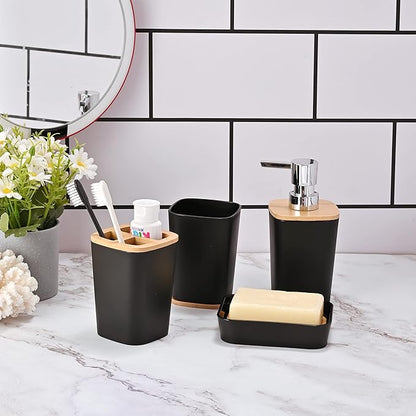 Set Accesorii Baie 6 Piese din Bambus, Cos Baie cu Capac, Perie Toaleta, Dozator Sapun, Suport Periute, Savoniera, Design Elegant si Modern, Alb si Negru