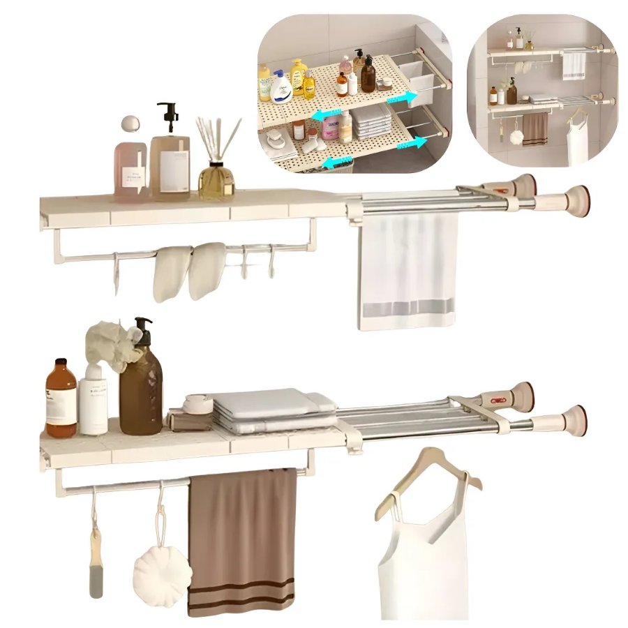 Separator telescopic extensibil pentru rafturi de dulap, reglabil 70-120 cm, cu ventuza, pentru compartimentarea dulapului, din metal si ABS, alb