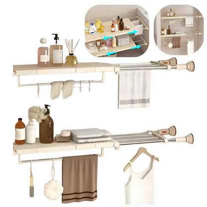 Separator telescopic extensibil pentru rafturi de dulap, reglabil 70-120 cm, cu ventuza, pentru compartimentarea dulapului, din metal si ABS, alb