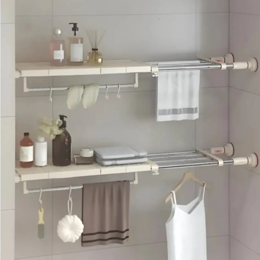 Separator telescopic extensibil pentru rafturi de dulap, reglabil 70-120 cm, cu ventuza, pentru compartimentarea dulapului, din metal si ABS, alb