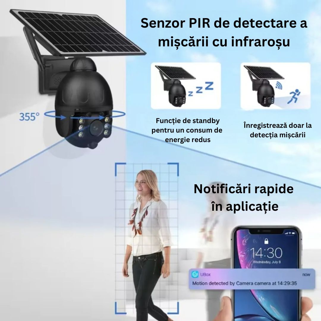 Camera de Supraveghere WiFi Exterior 4MP, Incarcare Solara, Night Vision, Rezistenta la Apa IP67, Detectare Miscare, Microfon si Difuzor Bidirectionale, Control Complet al Camerei prin Aplicatie