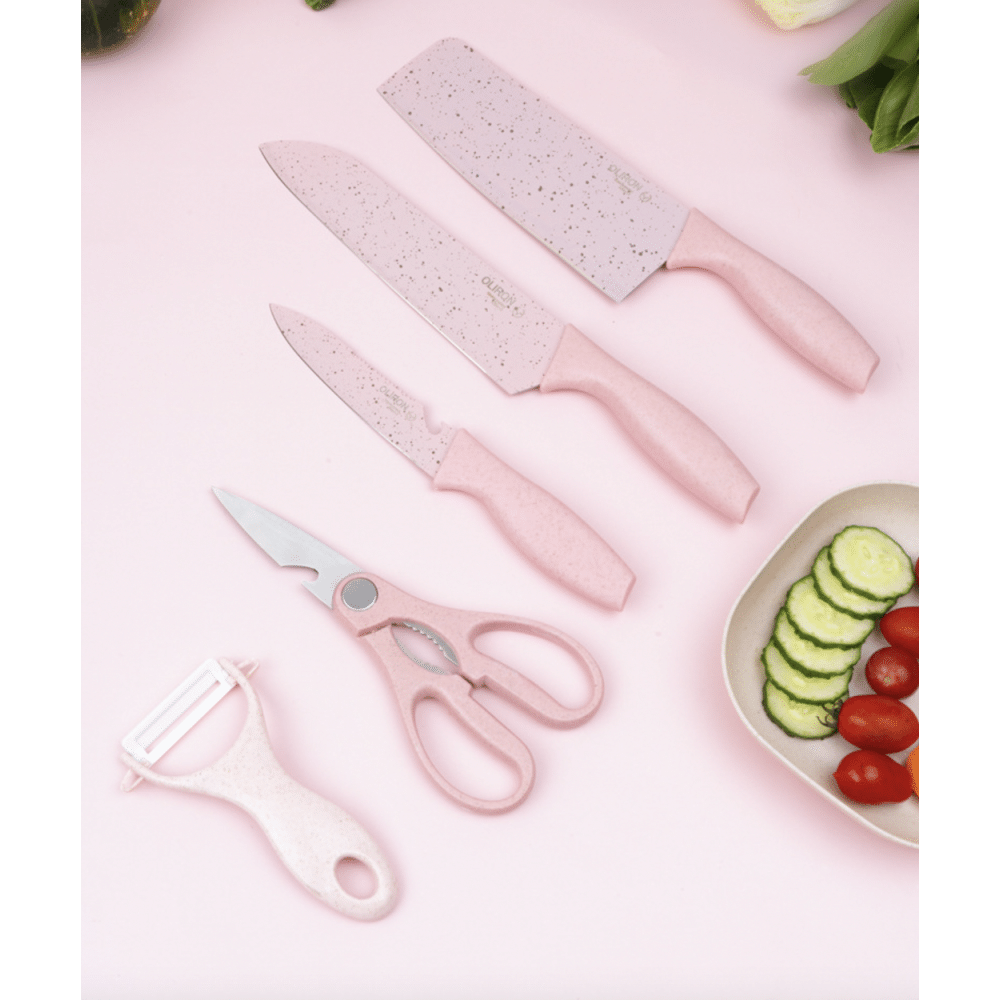 Set cuțite 6 piese – chef, pâine, satăr, decojit, foarfecă, fructe &amp; legume – aliaj 3Cr13, antiaderent, roz