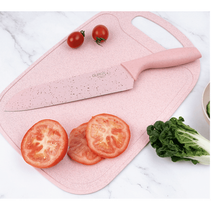 Set cuțite 6 piese – chef, pâine, satăr, decojit, foarfecă, fructe &amp; legume – aliaj 3Cr13, antiaderent, roz