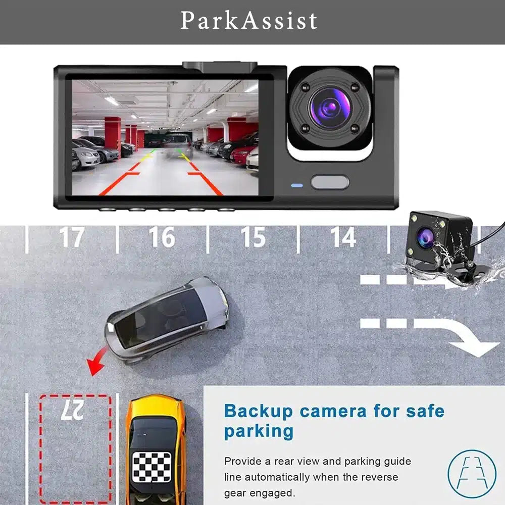 Camera auto tripla FullHD, 3 camere-fata/spate/interior, ecran 2”, G Senzor