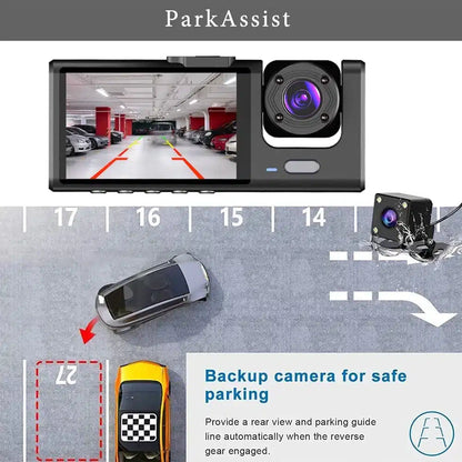 Camera auto tripla FullHD, 3 camere-fata/spate/interior, ecran 2”, G Senzor