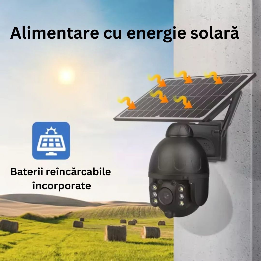 Camera de Supraveghere WiFi Exterior 4MP, Incarcare Solara, Night Vision, Rezistenta la Apa IP67, Detectare Miscare, Microfon si Difuzor Bidirectionale, Control Complet al Camerei prin Aplicatie