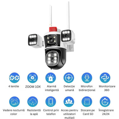 Camera de Supraveghere 6K, PTZ 12MP Ultra-HD, Zoom 10X, Vedere Nocturna Color, Detectare Miscare PIR, Microfon Bidirectional, Rezistenta la Apa IP66, Stocare Cloud sau Micro SD