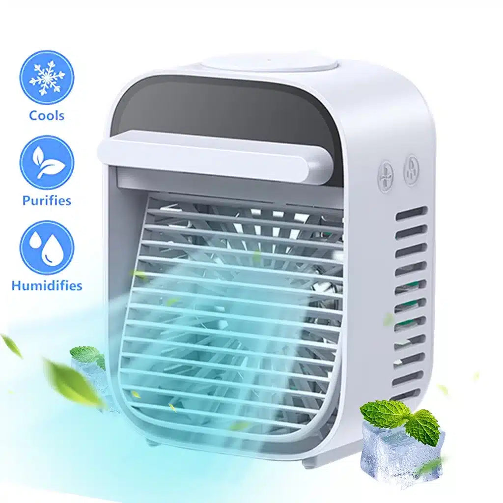 Mini Racitor aer portabil, air cooler, JRH, 3 functii racire, umidificare, purificare aer, lumina LED 7 culori, Alimentare USB, Alb