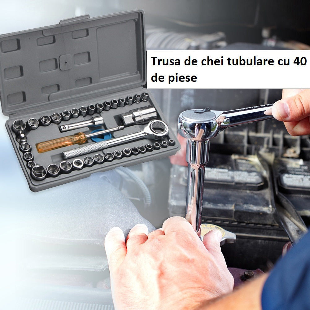 Set Chei Tubulare cu Clichet 40 Piese - Trusa Completa cu Cutie Depozitare