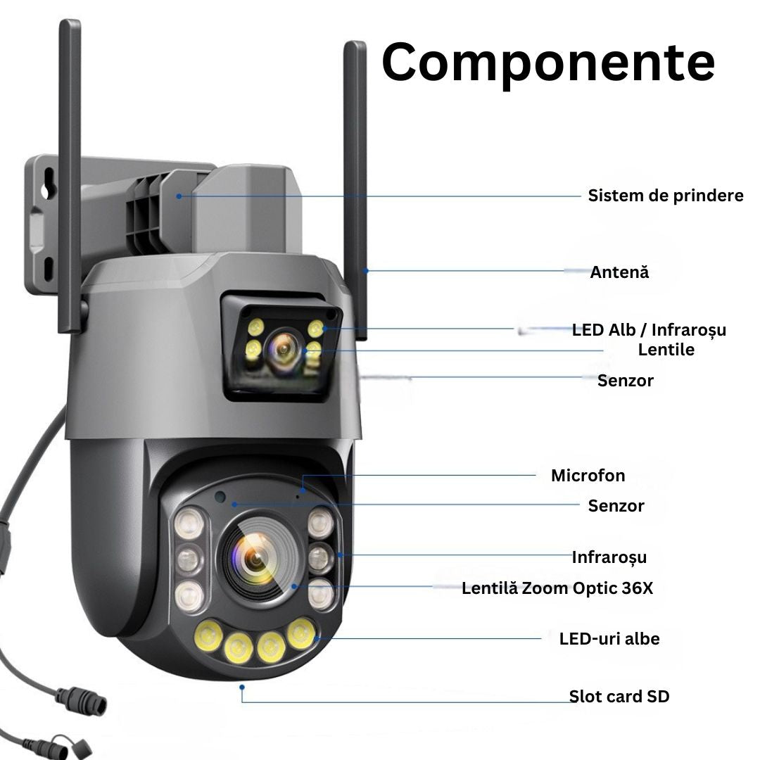 Camera de Supraveghere PTZ 6MP HD, Zoom Optic 36X, Vedere nocturna 120m, Detectare Miscare Umană cu Identificarea tipului de Miscare , Difuzor si Microfon  Bidirectionale, Rezistenta la apa IP66