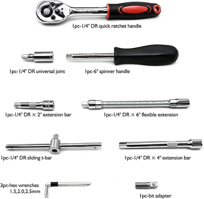 Trusa chei tubulare 1/4 46 piese, biti, torx, imbus, clichet, surubelnita si antrenor cu prelungitor si adaptor