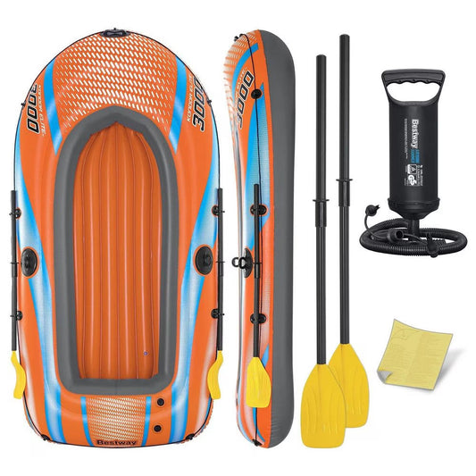 Barca gonflabila Bestway, fabricata din PVC, 3 camere de aer, doi adulti si un copil, 2 vasle din plastic, sarcina maxima 200 kg, pompa cu piston inclusa, 246 x 122 cm