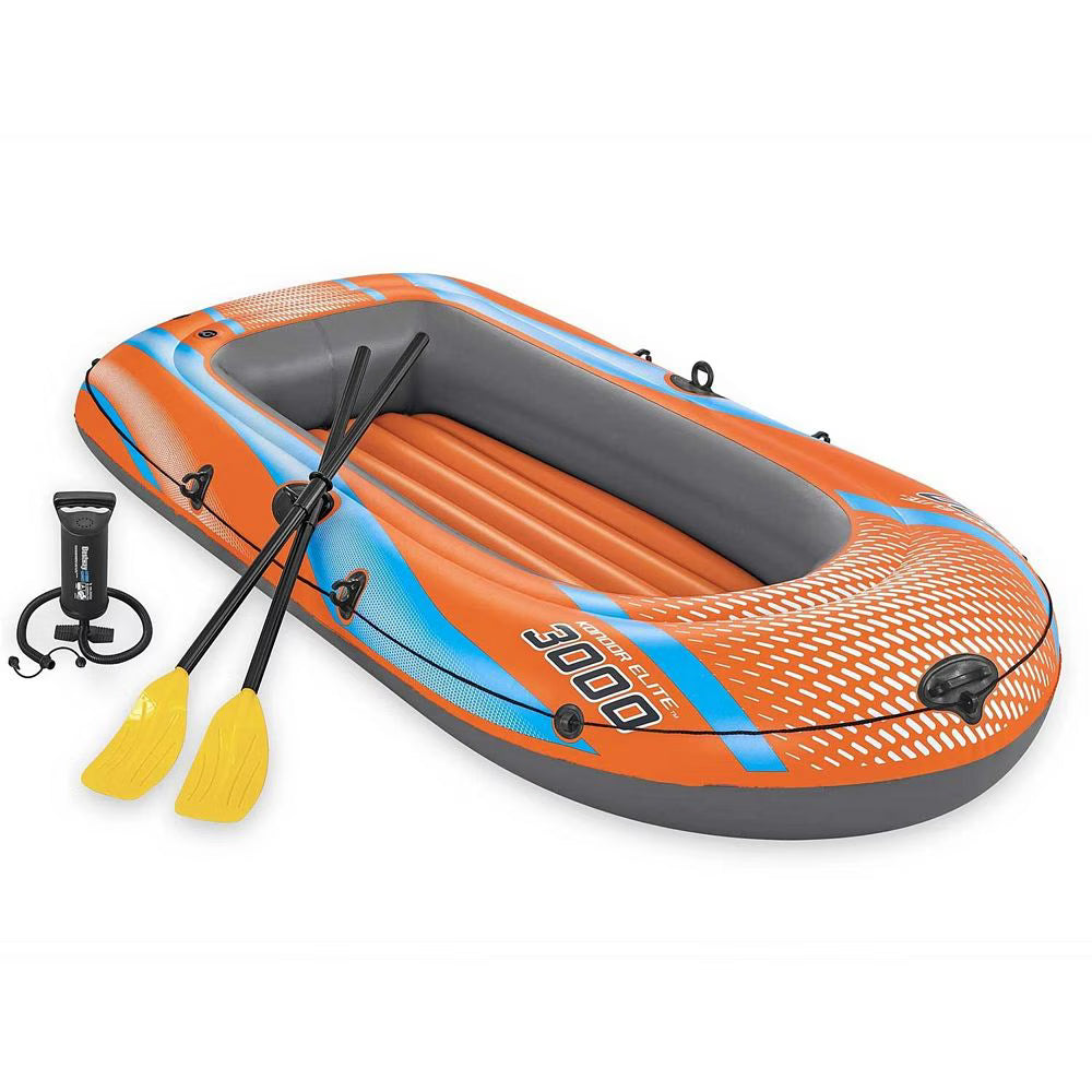 Barca gonflabila Bestway, fabricata din PVC, 3 camere de aer, doi adulti si un copil, 2 vasle din plastic, sarcina maxima 200 kg, pompa cu piston inclusa, 246 x 122 cm