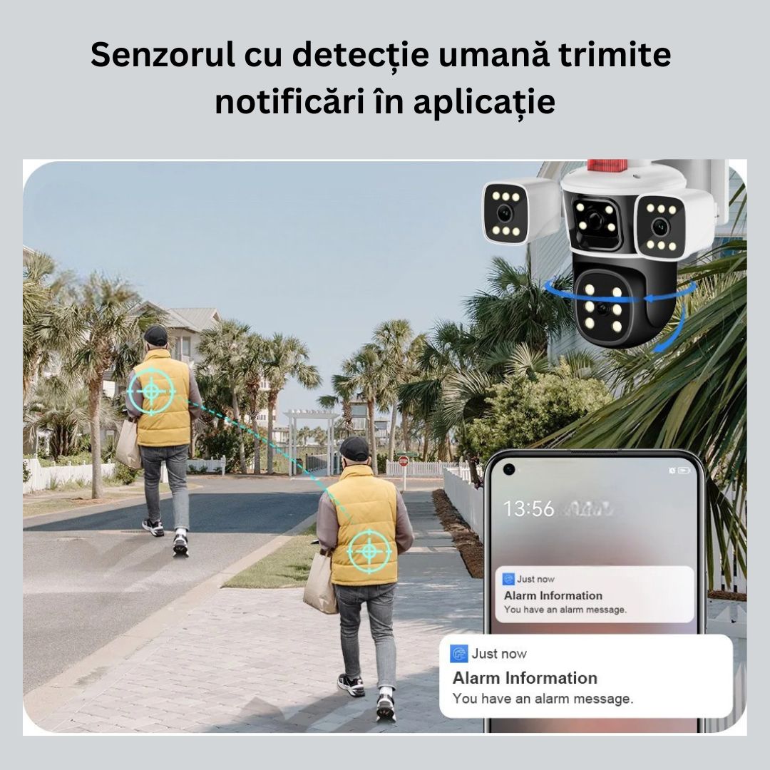 Camera de Supraveghere 6K, PTZ 12MP Ultra-HD, Zoom 10X, Vedere Nocturna Color, Detectare Miscare PIR, Microfon Bidirectional, Rezistenta la Apa IP66, Stocare Cloud sau Micro SD