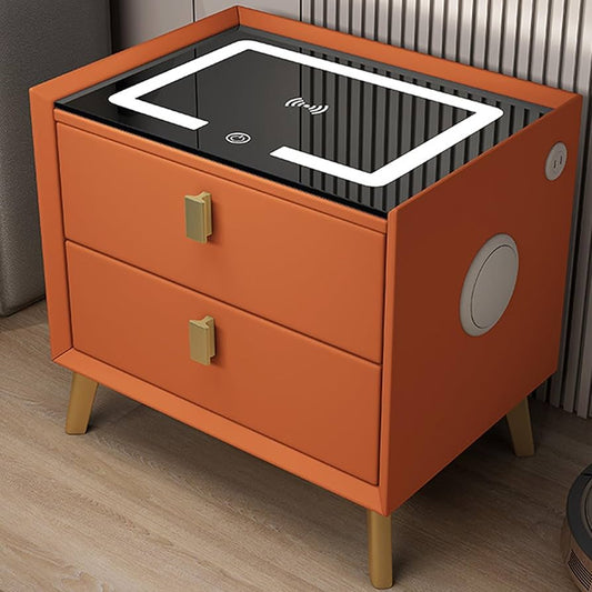 Noptiera Smart Multifunctionala, 2 Sertare, Iluminare LED Tactil, 3 Culori, Incarcare Wireless, si Usb, Difuzor Bluetooth 50x40x46