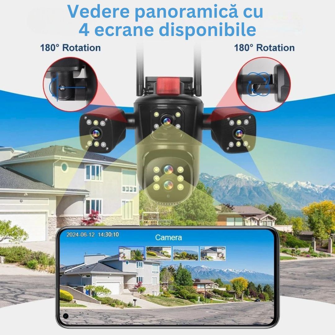 Camera de Supraveghere PTZ cu WiFi, Rezolutie 10K, 20MP, Zoom Optic 10X, 5 Lentile, Vizualizare pe 4 Ecrane, Night Vision Color, Comunicare Bidirectionala, Functie de  Urmarire Automata cu Identificarea tipului de miscare