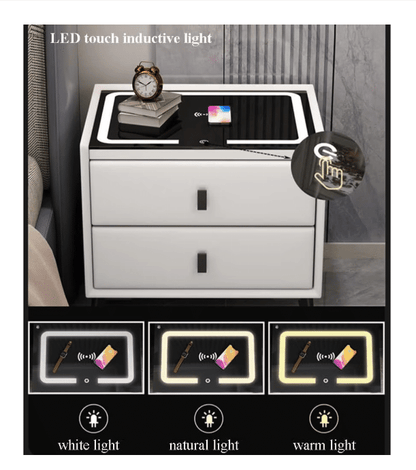 Noptiera inteligenta cu incarcare wireless, lumini LED reglabile, difuzore Bluetooth, 2 sertare de depozitare