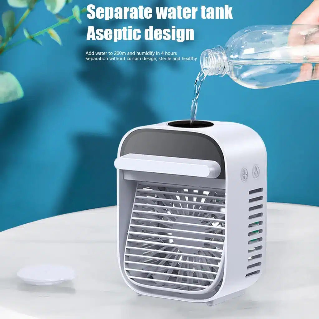 mini Răcitor de aer și umidificator, ventilator personal de birou cu 3 viteze, ventilator pentru aer condiționat, mini răcitor de aer, circulator portabil pentru ventilator personal, lumină de noapte LED pentru casă și birou și în aer liber
