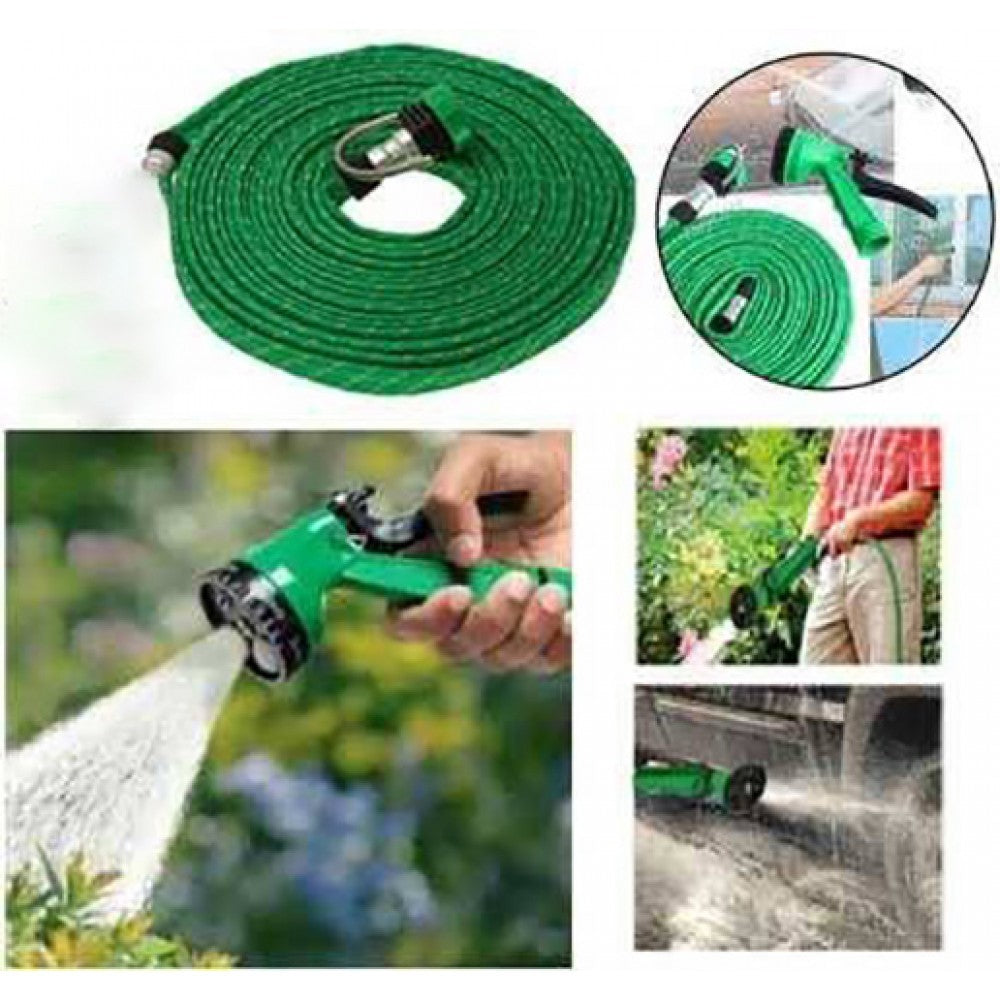 Set de irigare complet – furtun textil flexibil de 15 metri cu tambur și pistol de pulverizare 7 în 1