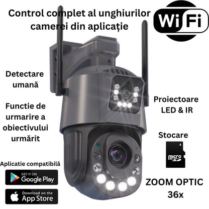 Camera de Supraveghere PTZ 6MP HD, Conexiune WiFi , Zoom Optic 36X, Night Vision 120m, Detectare Miscare Umana, Microfon si Difuzor Bidirectionale, Rezistenta la apa IP66