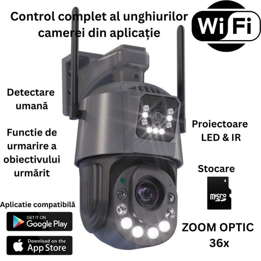 Camera de Supraveghere PTZ 6MP HD, Conexiune WiFi , Zoom Optic 36X, Night Vision 120m, Detectare Miscare Umana, Microfon si Difuzor Bidirectionale, Rezistenta la apa IP66